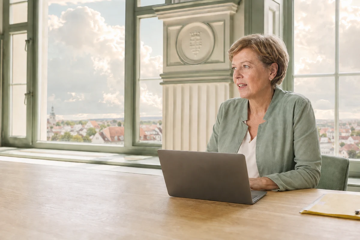 Illustrative Szene: Eine Mitarbeiterin im Rathaus diktiert am Laptop vor salbeigrünen Fenstern und Wolken.