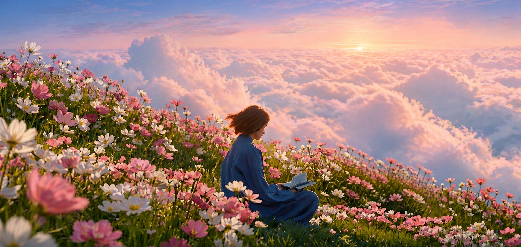 Eine Frau liest in einer Blumenwiese über den Wolken bei Sonnenaufgang