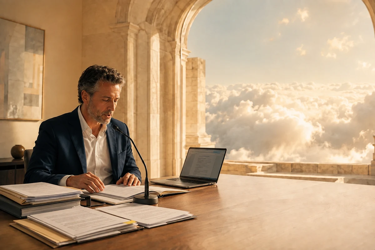 Illustrative Szene: Ein Anwalt liest seine Akten und diktiert in ein professionelles Tischmikrofon. Neben den Unterlagen steht ein geöffneter Laptop, dahinter goldenes Wolkenlicht.