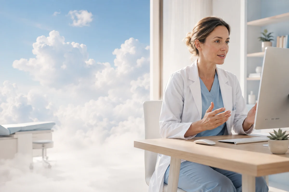 Illustrative Szene: Eine Ärztin diktiert an ihrem Computer, hinter ihr ein heller Wolkenhimmel.