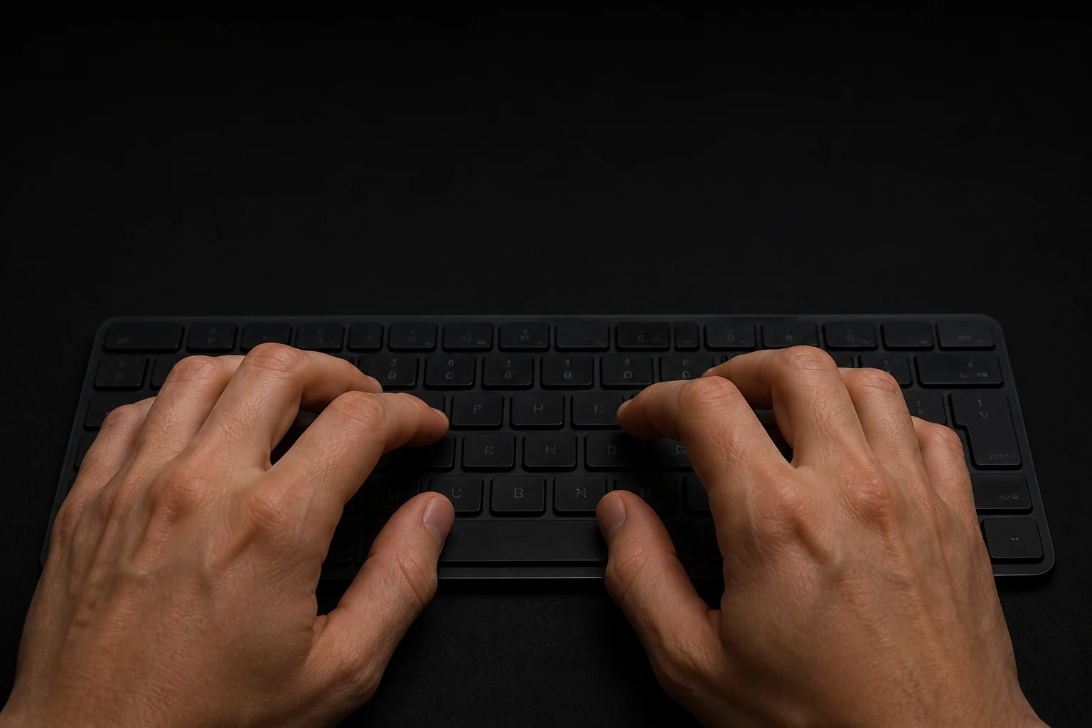 Zwei Hände tippen auf einer schwarzen Tastatur