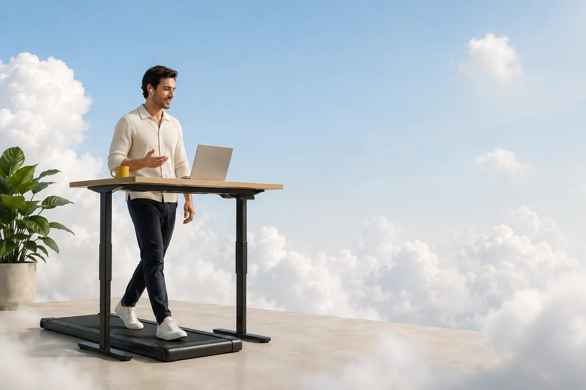 Illustrative Szene: Ein Mann spricht am Stehschreibtisch, während er auf einem Walkingpad läuft, umgeben von Wolken.
